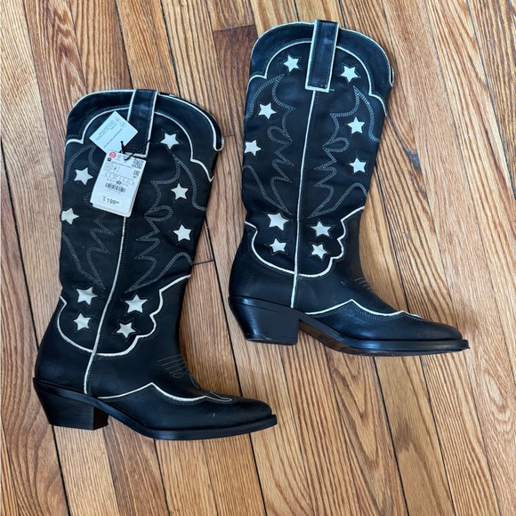 Zara Black Cowboy Boots with Star Accents - Picture 2 of 4